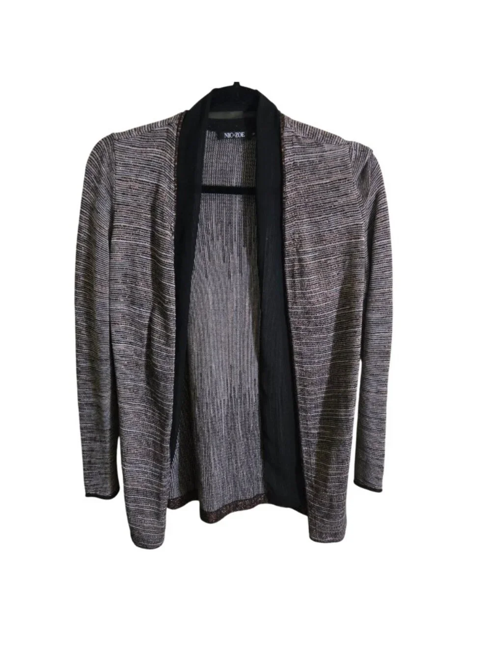Nic + Zoe Y2K Open Front Gold Lurex Thread Black Crepe Trim Cardigan Size S